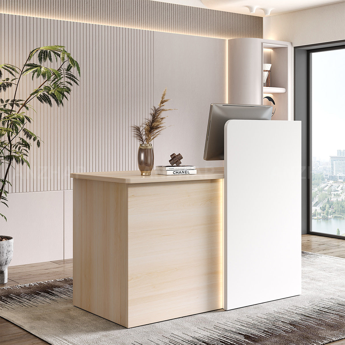Elegant Reception Desk with Cable Management and Secure Storage for Offices