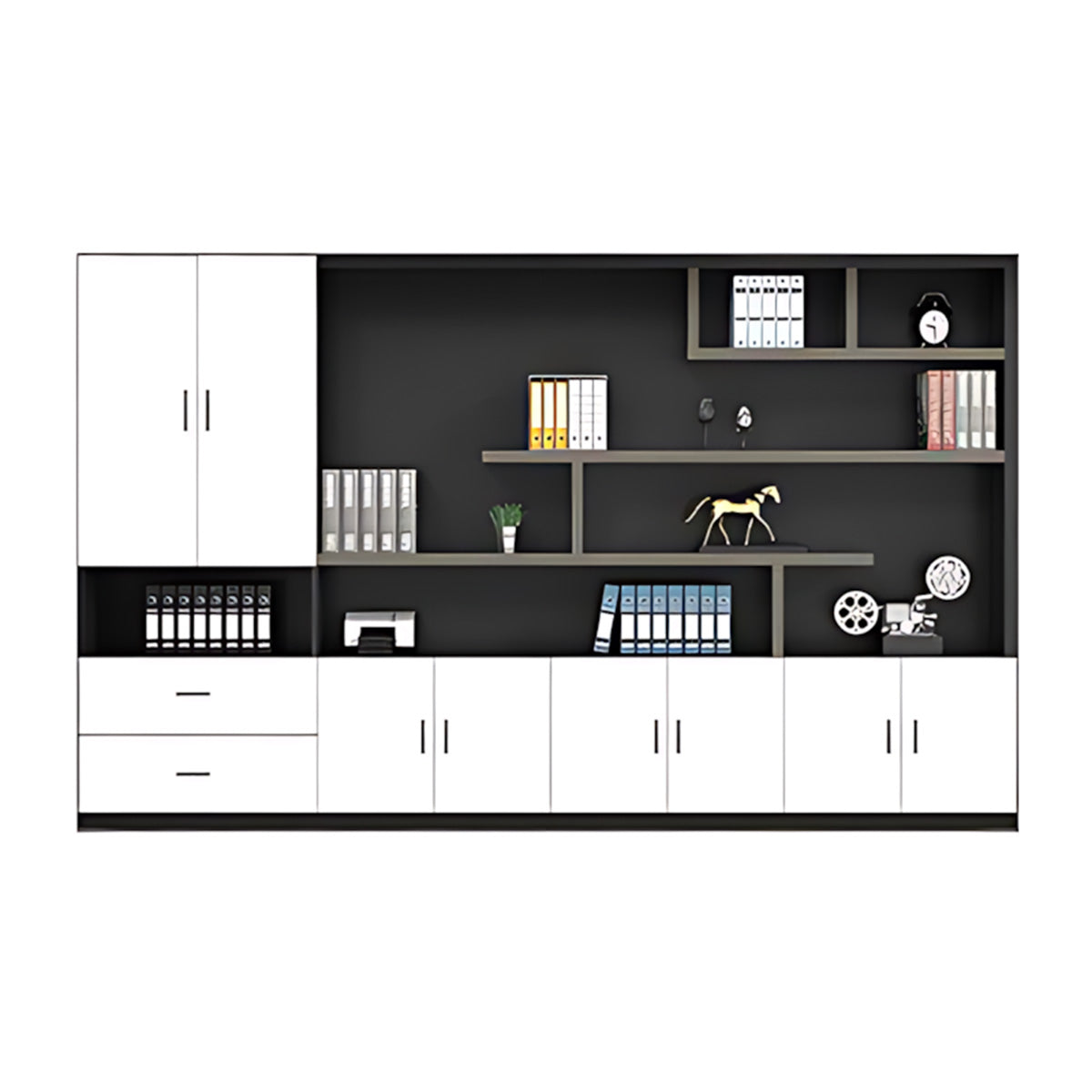 Modern Office Storage Cabinet with Wardrobe, Drawers & Display Shelves