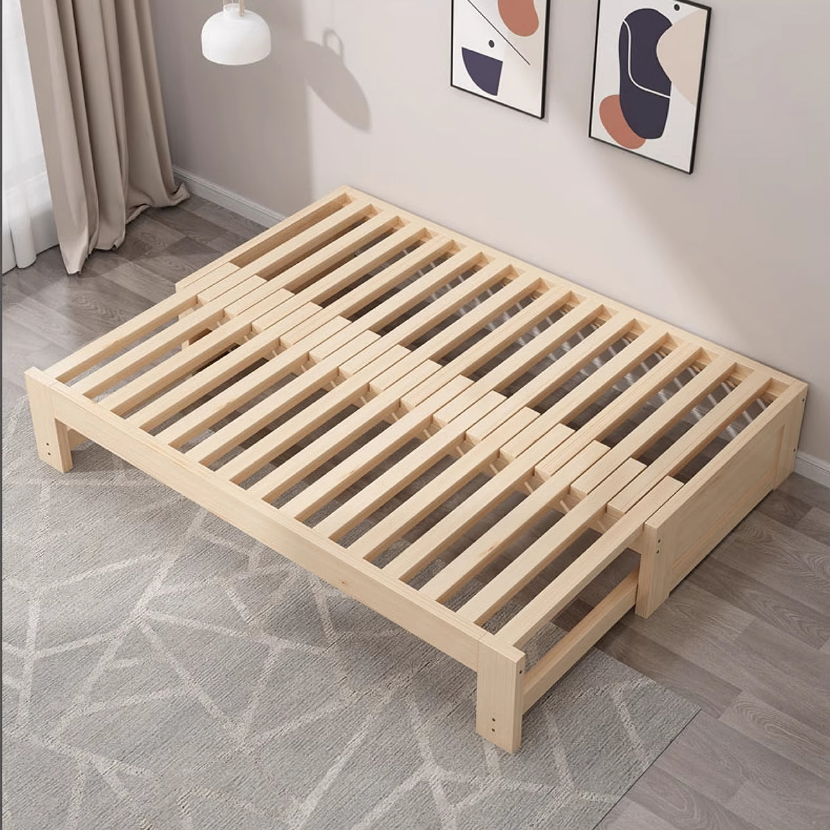Versatile solid wood extendable bed detail close-up with folding design
