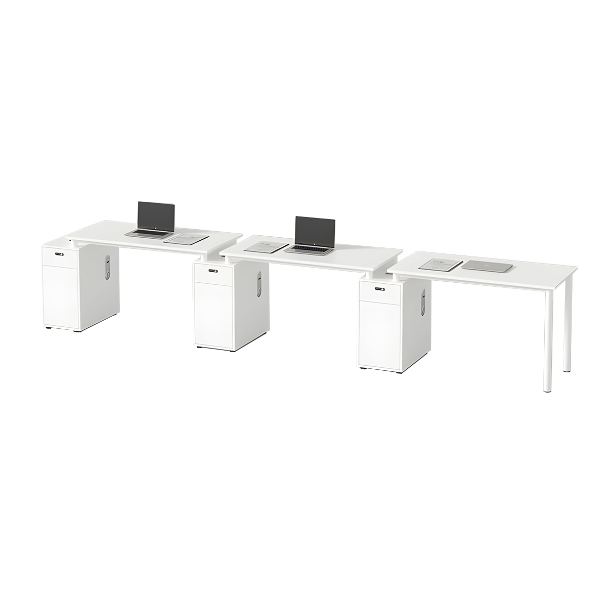 Modern White Office Desk with Gray Privacy Panel Lockable Storage