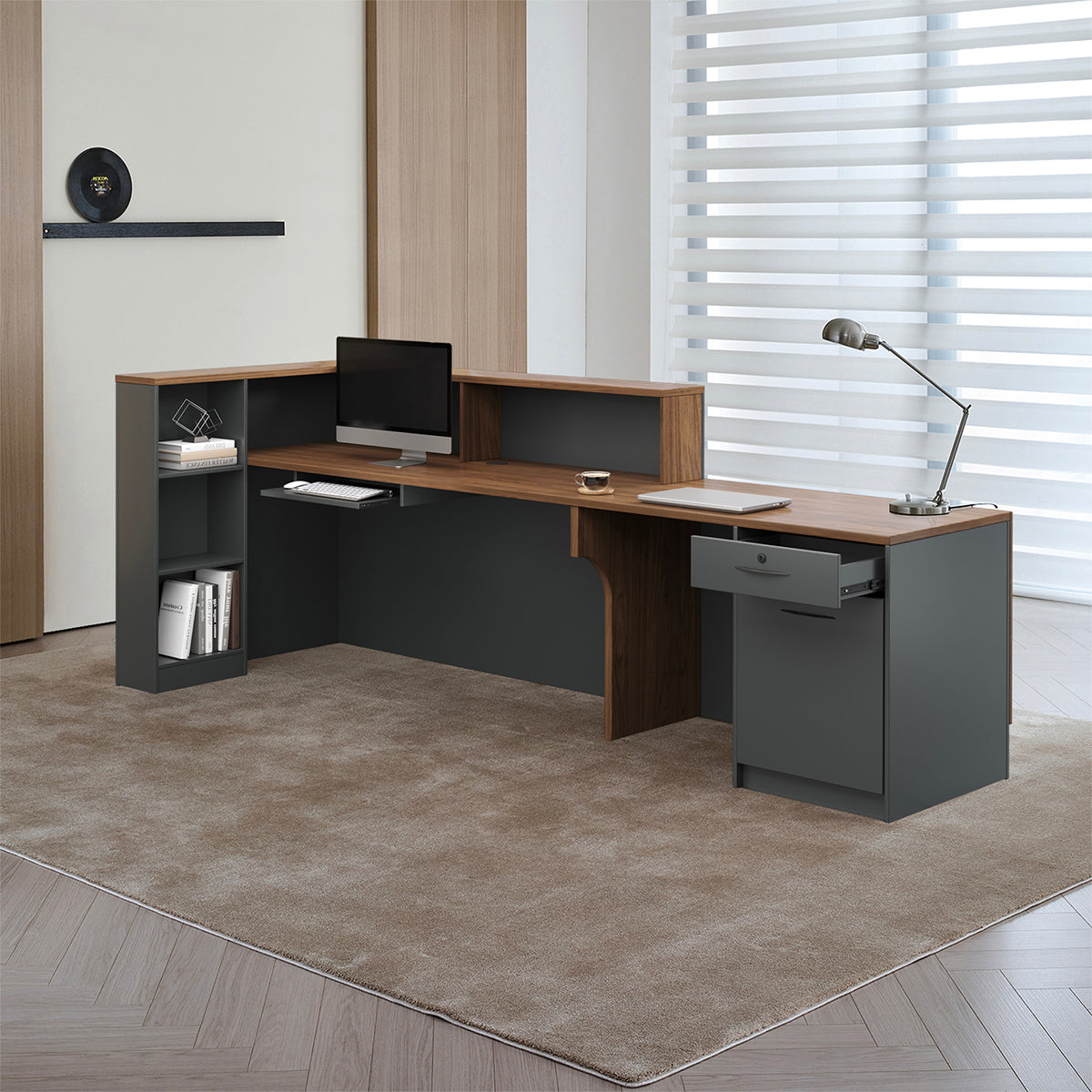 Reception Desk, front and side view, for reception area or front office, commercial reception furniture