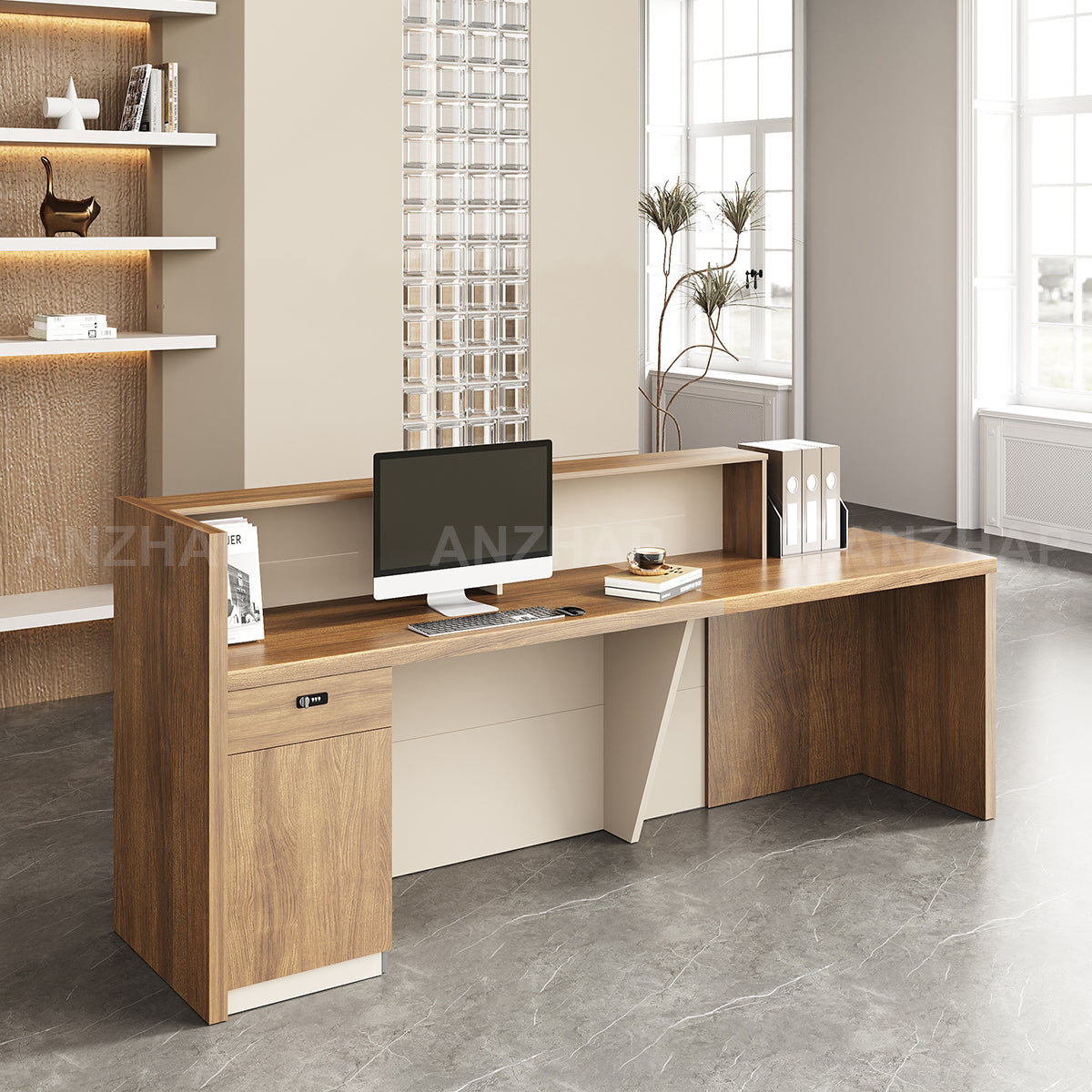 Alt Reception Stylish Reception Desk with Dual-Tier Surface and Secure Storage for O ...