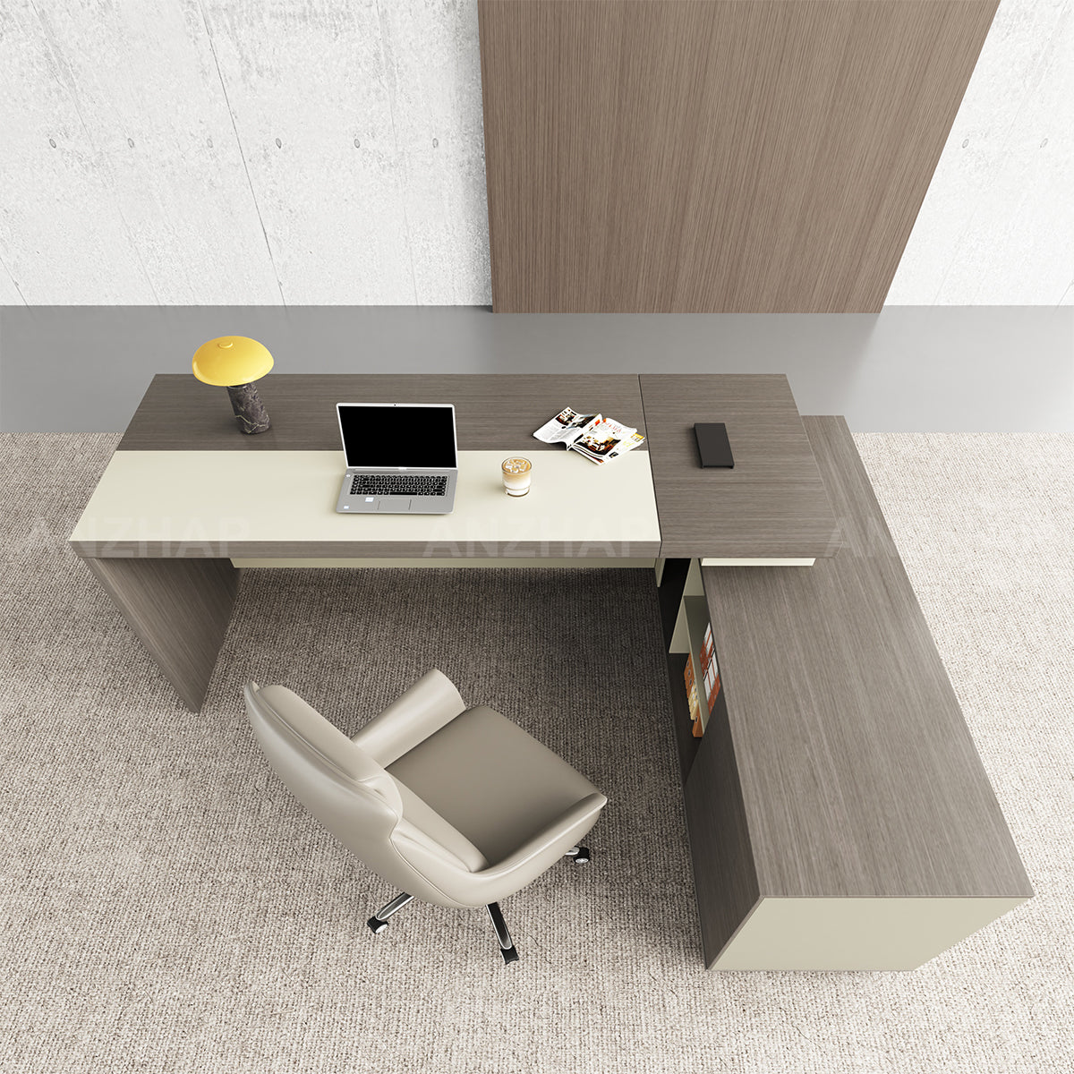 Minimalist Modern L-Shaped Executive Desk with Large Side Credenza and LED Lighting（Stock Items）