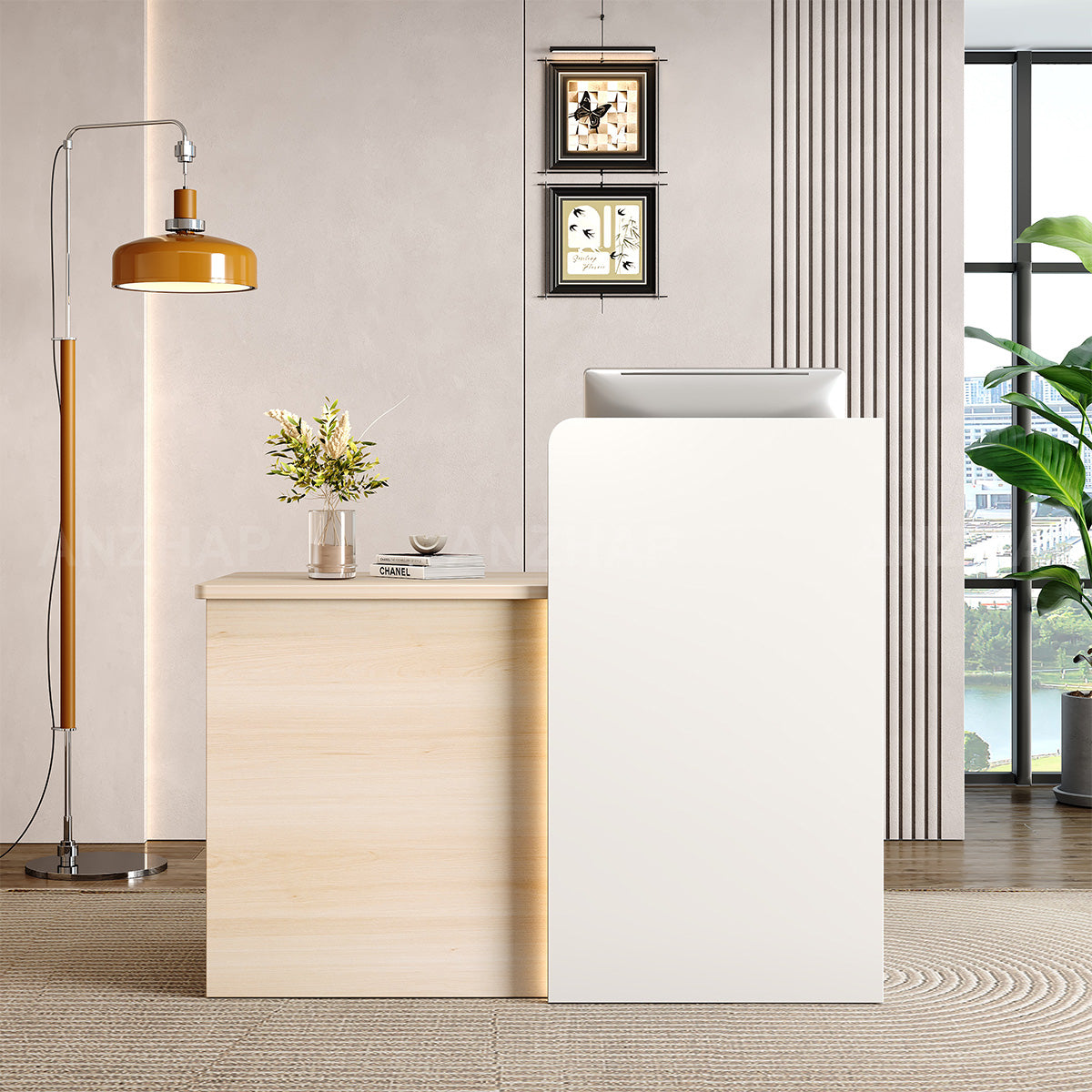 Elegant Reception Desk with Cable Management and Secure Storage for Offices