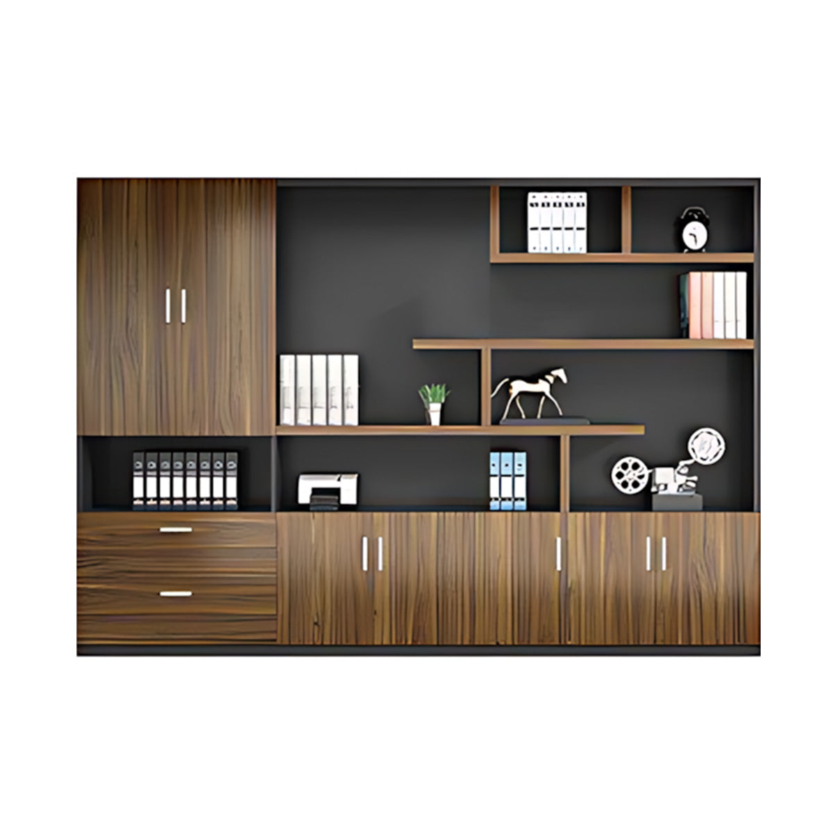 Modern Office Storage Cabinet with Wardrobe, Drawers & Display Shelves
