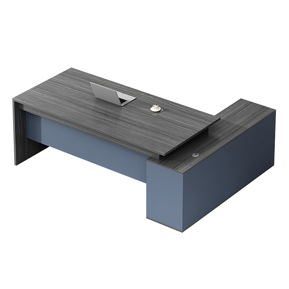 L-Shaped Executive Desk, left side cabinet configuration, Gary + Blue finish, L47" x W47" x H30", for office workspace, executive office furniture