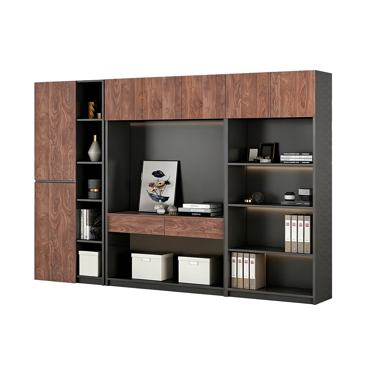 Storage Cabinet, Black Walnut L119" × W14" × H79" Three Cabinets, Black Walnut finish, for office storage space, office storage furniture