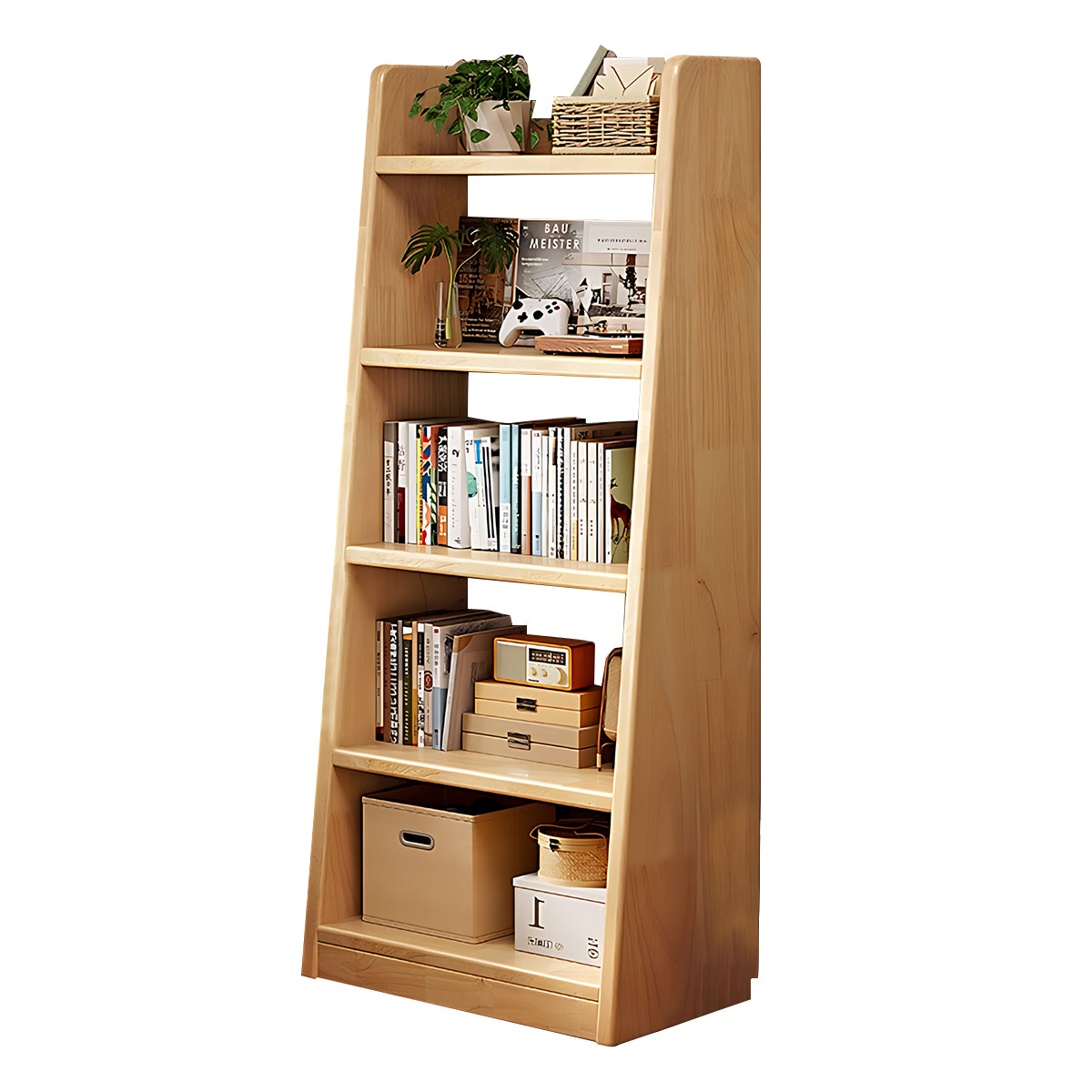 Minimalist Pine Wood Bookshelf Modern Storage Stable Design Trapezoidal