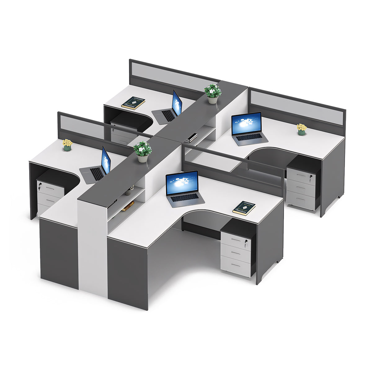 Modern L-Shaped Office Desk with Integrated Shelving & Partition Panels