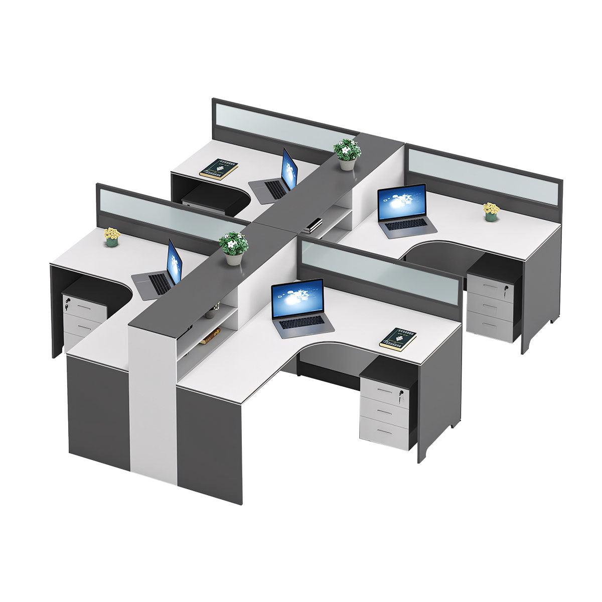 Modern L-Shaped Office Desk with Integrated Shelving & Partition Panels