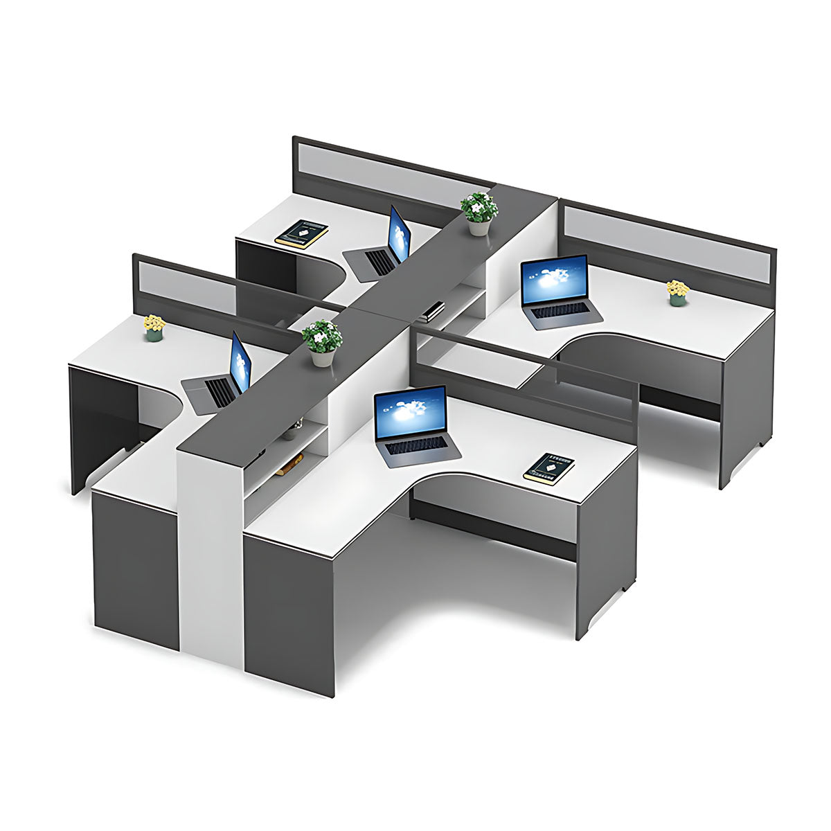 Modern L-Shaped Office Desk with Integrated Shelving & Partition Panels