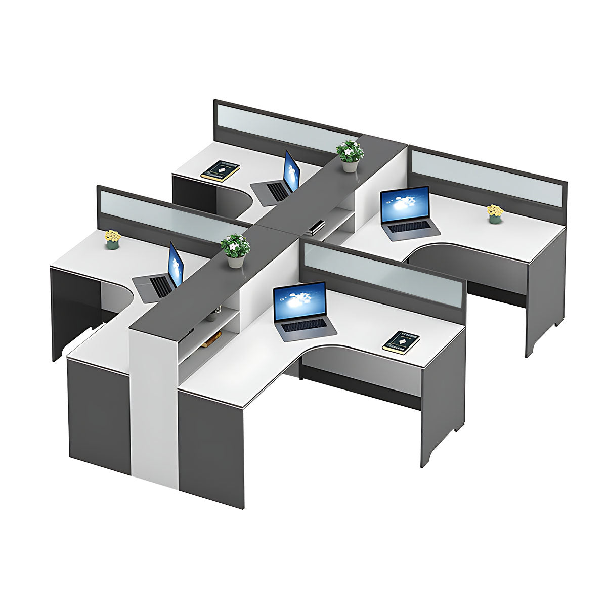 Modern L-Shaped Office Desk with Integrated Shelving & Partition Panels