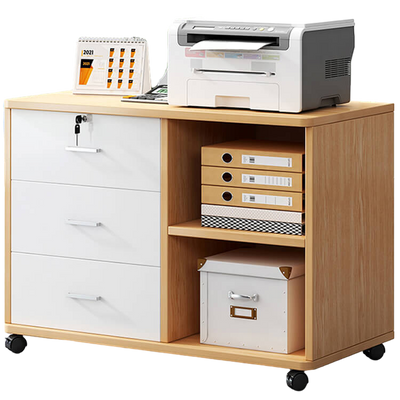 Wooden Office File Cabinet with Lock, Mobile Storage Cabinet