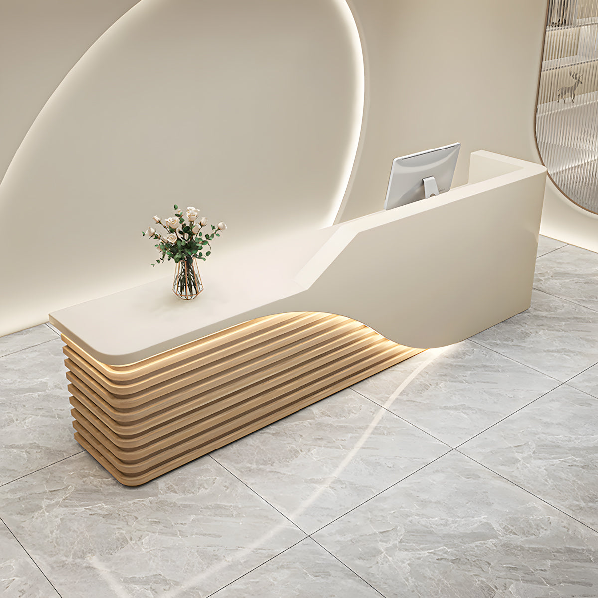 Modern Salon Reception Desk with Wood Grain Lattice Slat