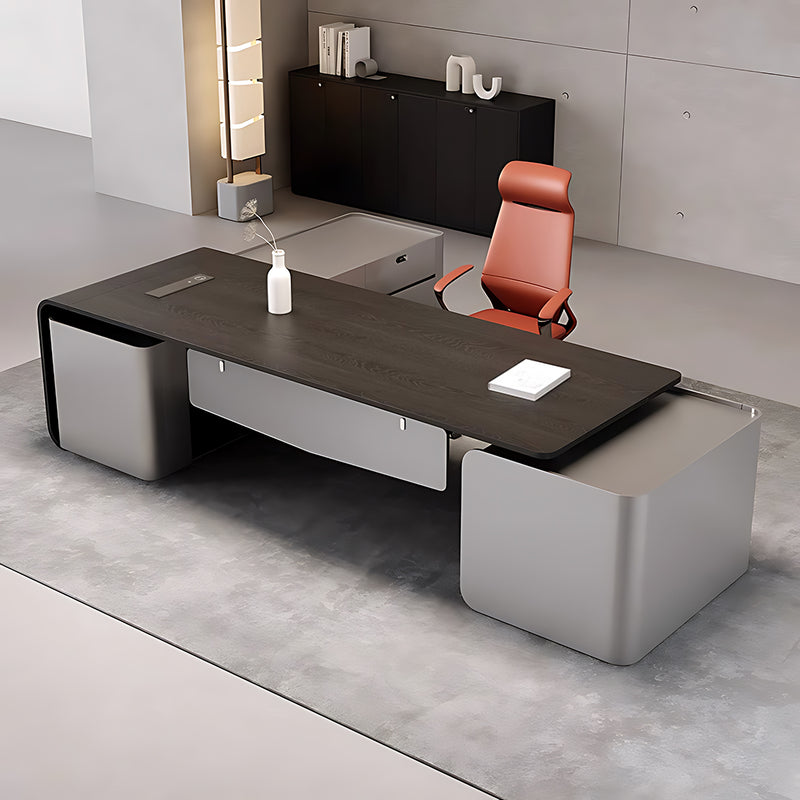 Modern Executive Desk with Storage Glossy Wood Grain Luxury Office