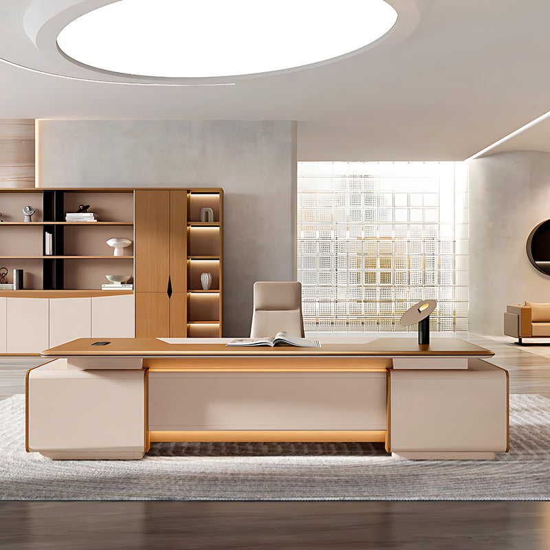 High-End Stylish Camel-Colored Executive Desk with Large Side Cabinet Design