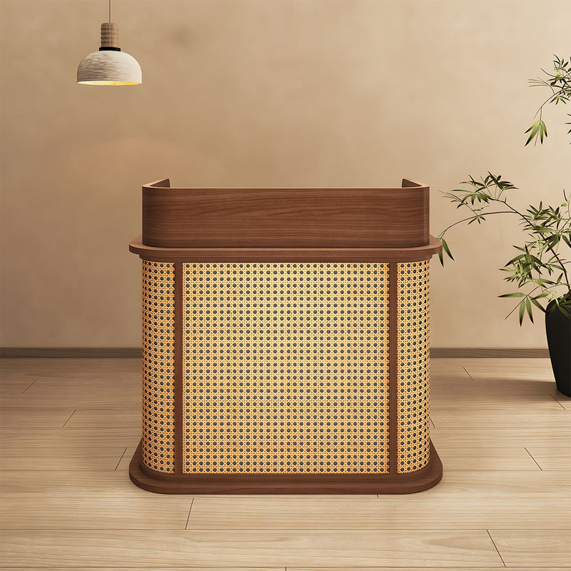Wabi Sabi Reception Desk with Rattan Weaving Lockable Drawer Storage