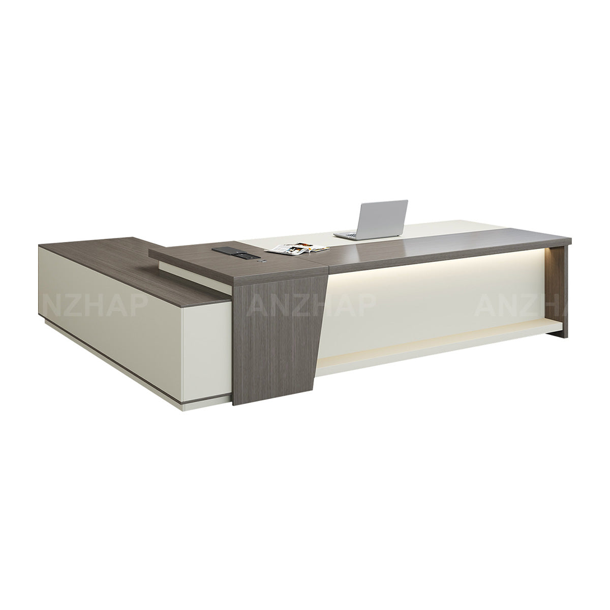Modern Minimalist L-Shaped Executive Desk 79–94 in Wide with Cable Management, Built-In Power Outlets, Lockable Drawers & LED Accent Lighting