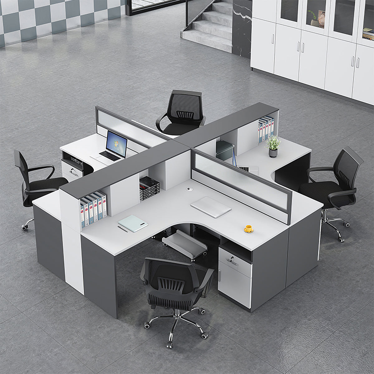 Modern L-Shaped Staff Office Desk with Partition and Storage Cabinet