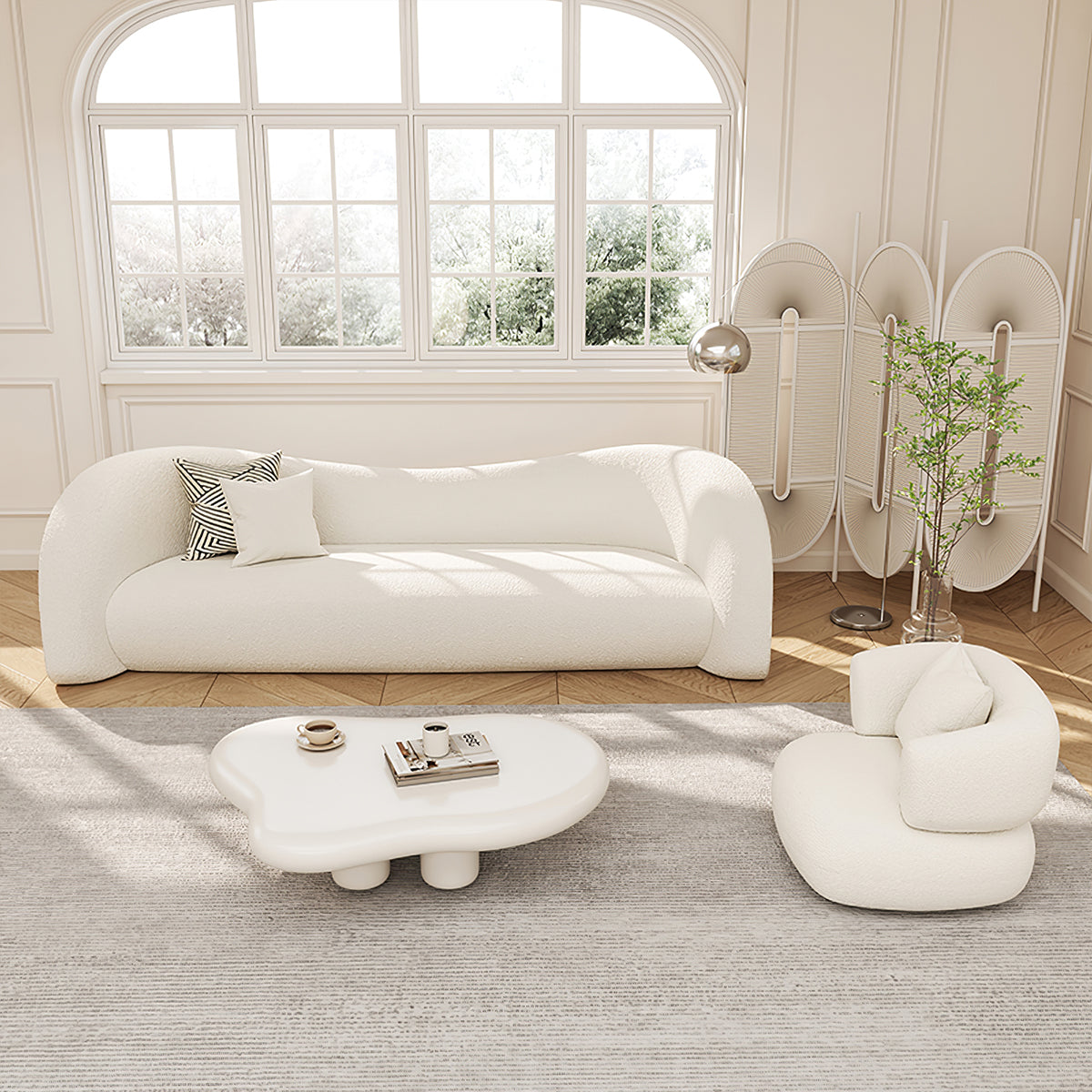 Cute White Lamb Wool 3-Seater Sofa with Curved Back for Living Room（Sale Event）