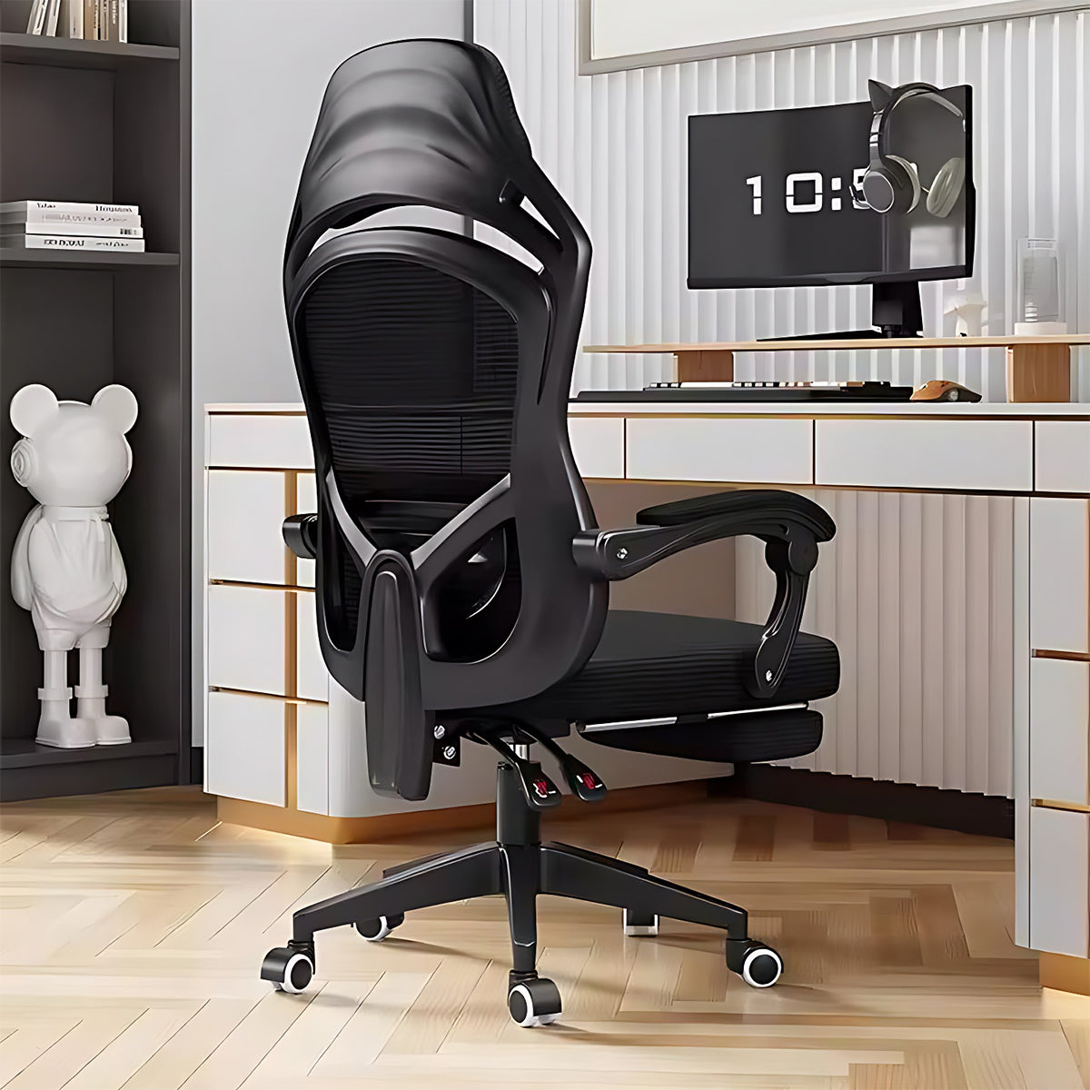 Minimalist Stylish Black Office Chair with Comfortable Headrest and Thick Hidden Footrest