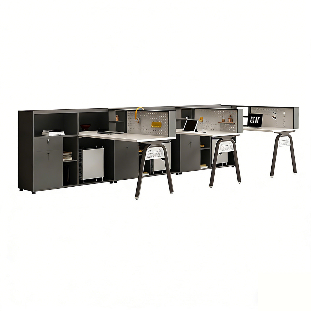 Sleek Office Desk with Integrated Power, Storage & Pegboard