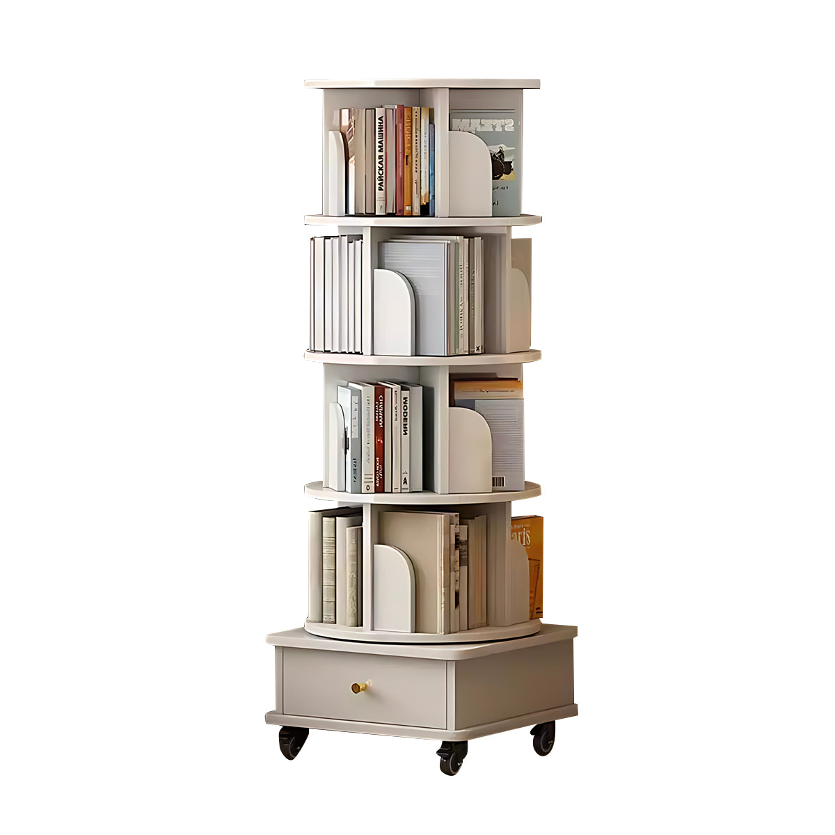Minimalist Rotating Bookshelf, 360° Rotation, Multi-Layer Storage, Casters