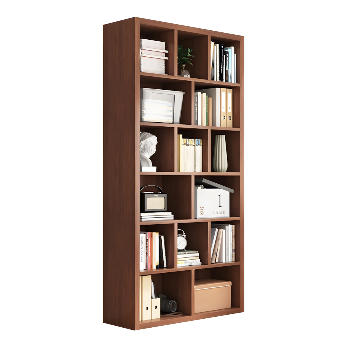 Bookshelf, Walnut Single Bookcase 6-Tier 15-Cube, Walnut finish, L35" x W12" x H71", for office storage space, office storage furniture