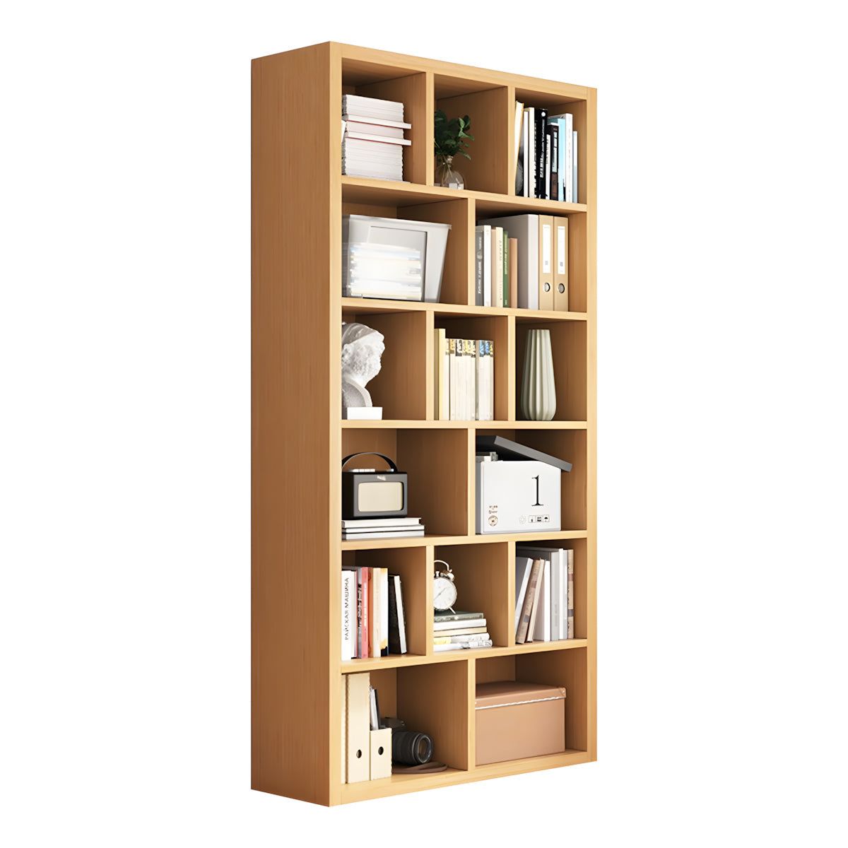 Bookshelf, Natural Single Bookcase 6-Tier 15-Cube, Natural finish, L35" x W12" x H71", for office storage space, office storage furniture