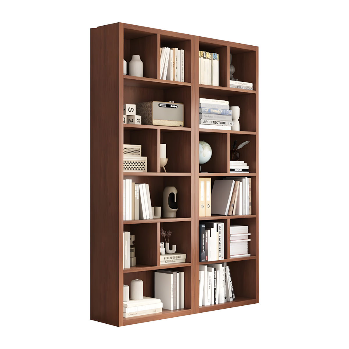 Bookshelf, Walnut Modular Bookcase 6-Tier 18-Cube, Walnut finish, L47" x W12" x H71", for office storage space, office storage furniture