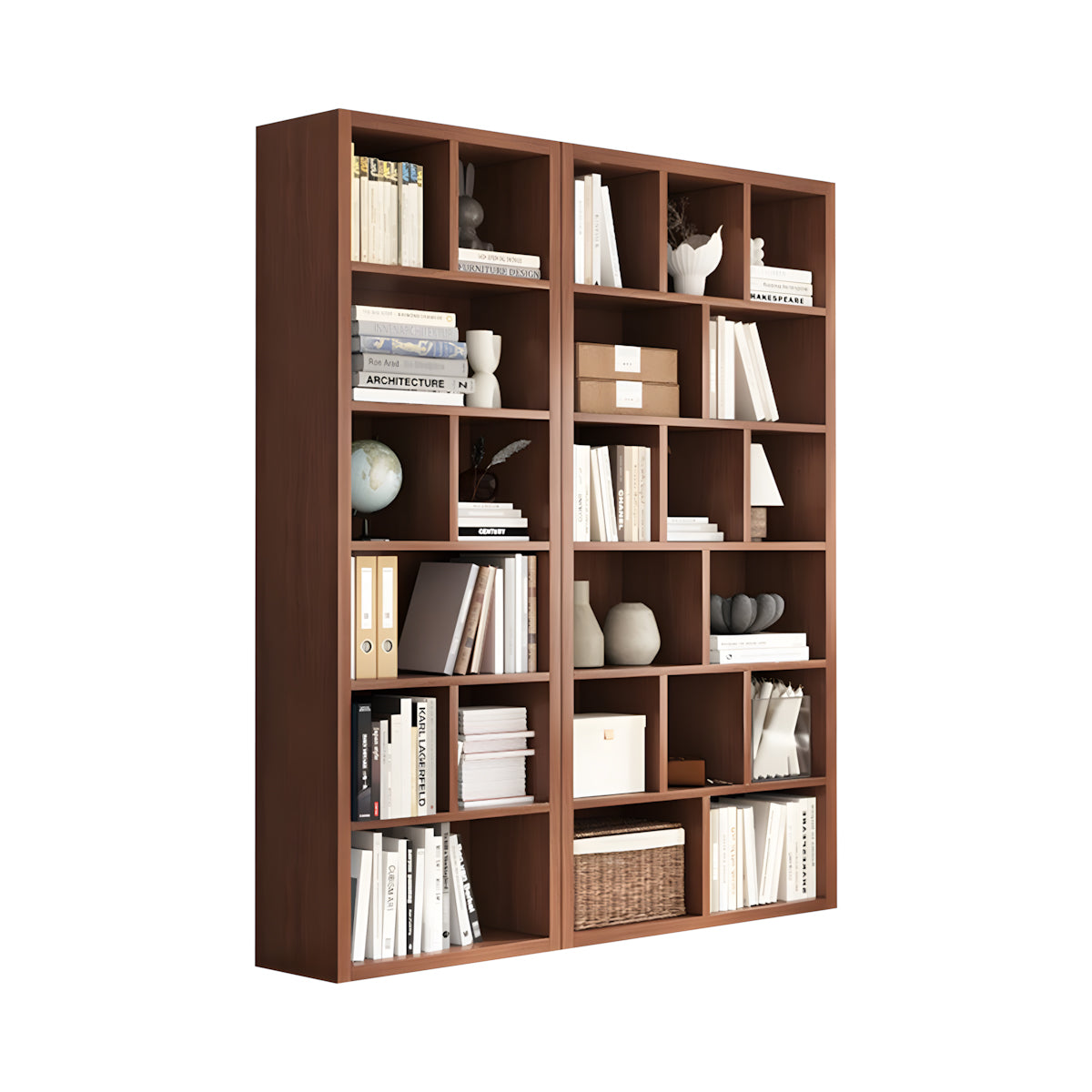 Bookshelf, Walnut Modular Bookcase 6-Tier 24-Cube, Walnut finish, L59" x W12" x H71", for office storage space, office storage furniture