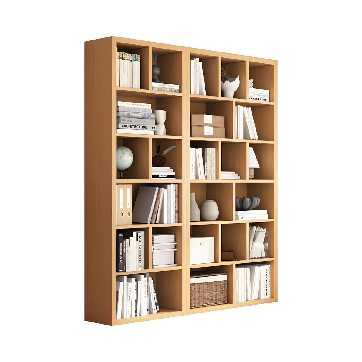 Bookshelf, Natural Modular Bookcase 6-Tier 24-Cube, Natural finish, L59" x W12" x H71", for office storage space, office storage furniture