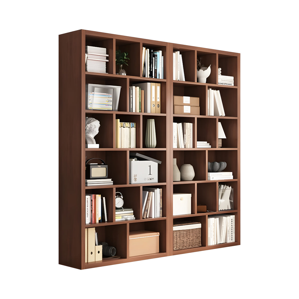 Bookshelf, Walnut Modular Bookcase 6-Tier 30-Cube, Walnut finish, L71" x W12" x H71", for office storage space, office storage furniture