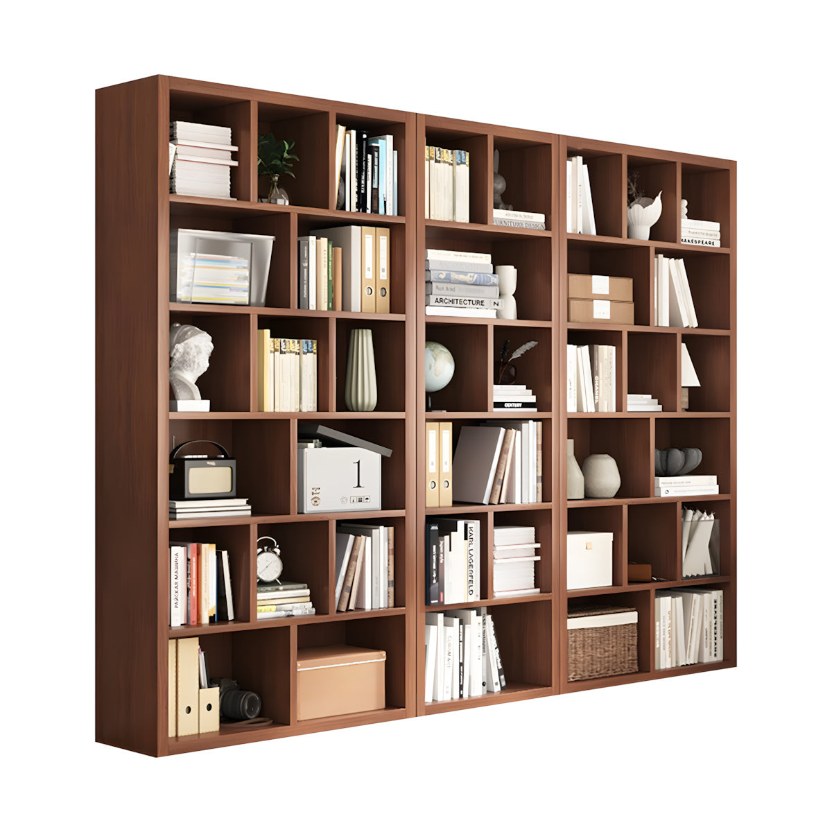 Bookshelf, Walnut Modular Bookcase 6-Tier 39-Cube, Walnut finish, L94" x W12" x H71", for office storage space, office storage furniture