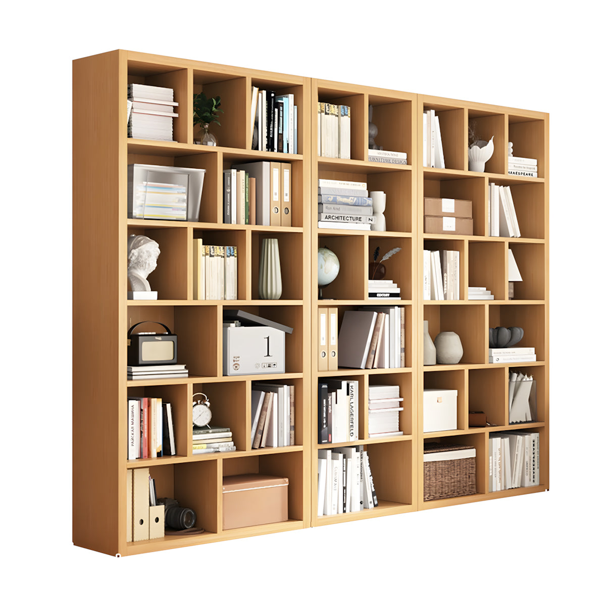 Bookshelf, Natural Modular Bookcase 6-Tier 39-Cube, Natural finish, L94" x W12" x H71", for office storage space, office storage furniture