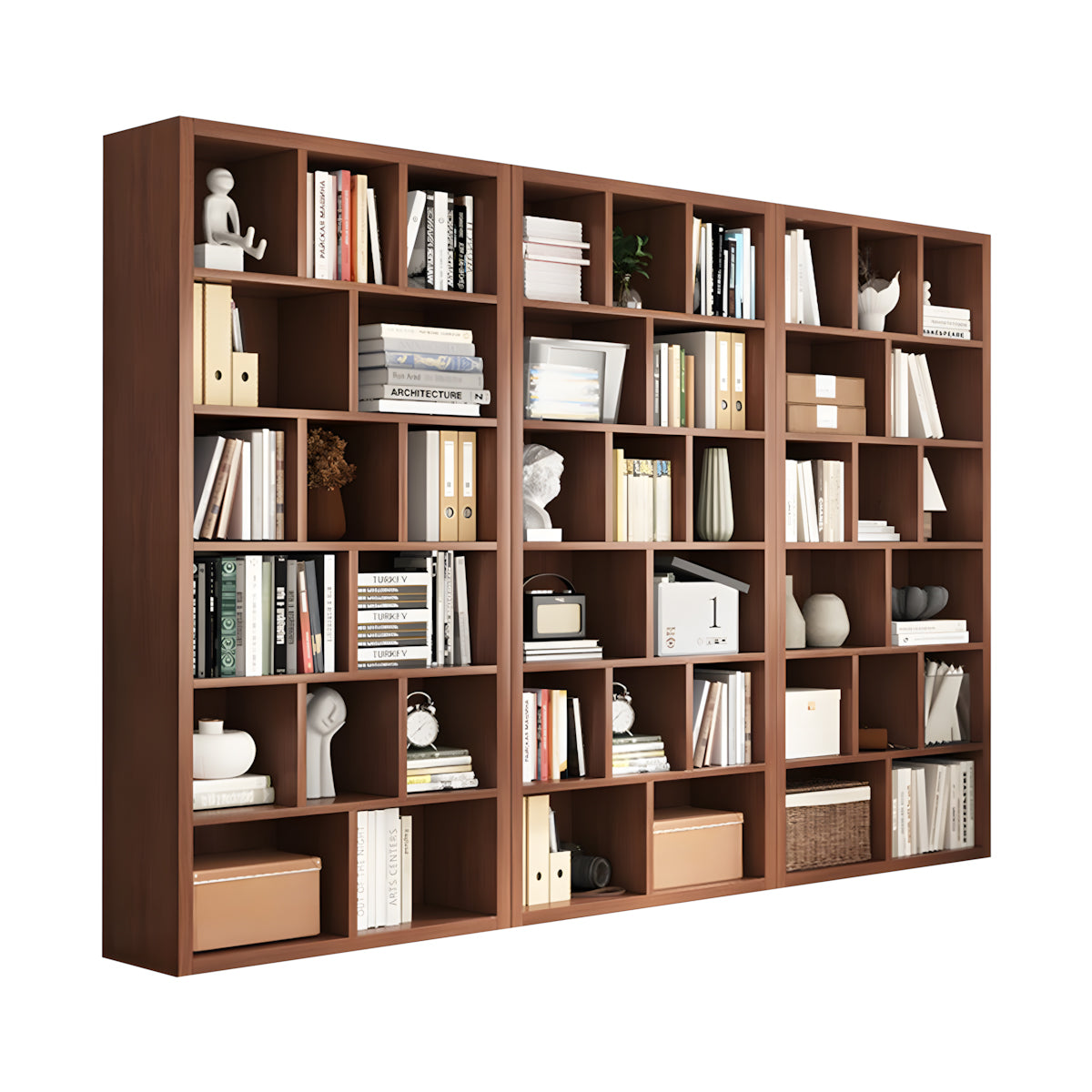 Bookshelf, Walnut Modular Bookcase 6-Tier 45-Cube, Walnut finish, L106" x W12" x H71", for office storage space, office storage furniture