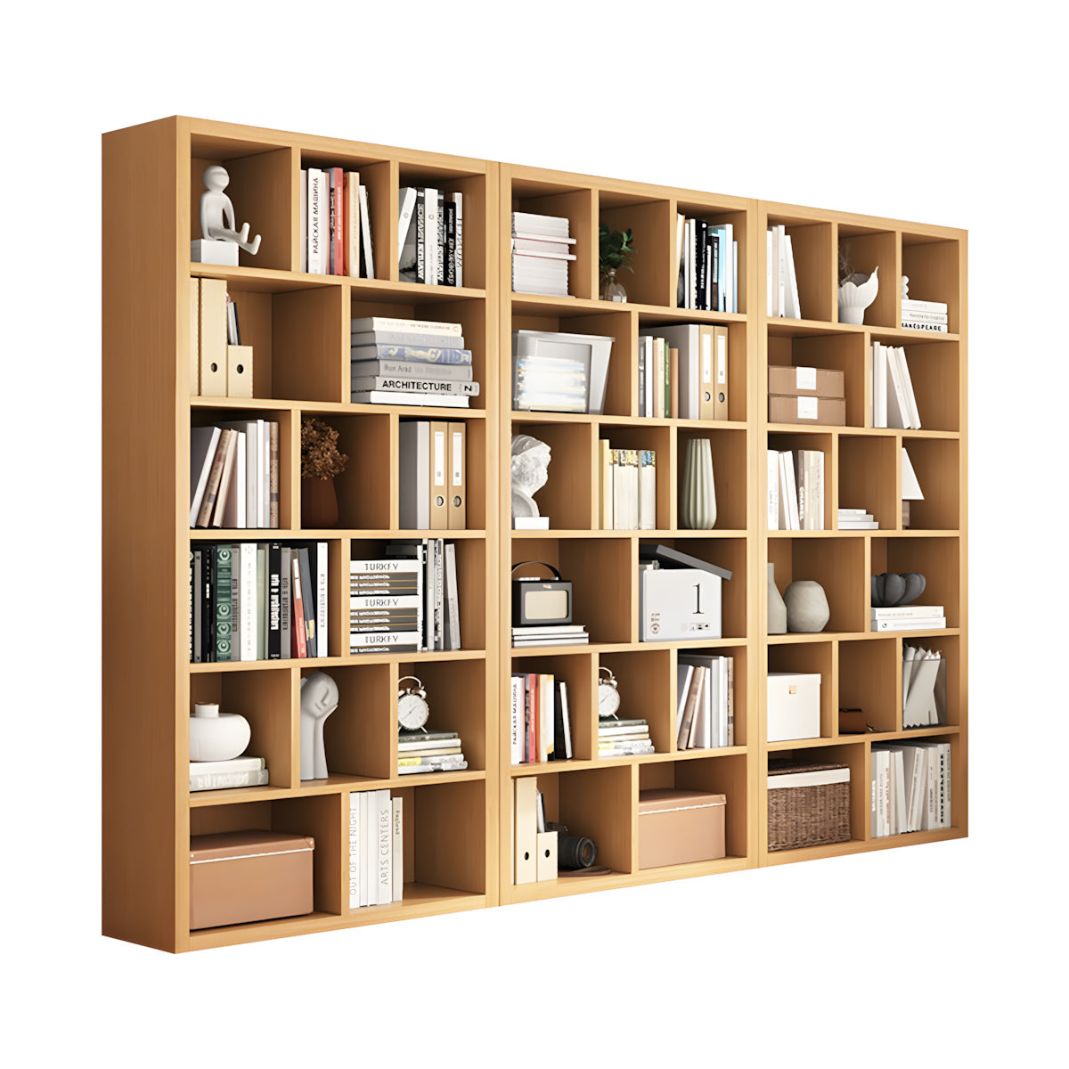 Bookshelf, Natural Modular Bookcase 6-Tier 45-Cube, Natural finish, L106" x W12" x H71", for office storage space, office storage furniture