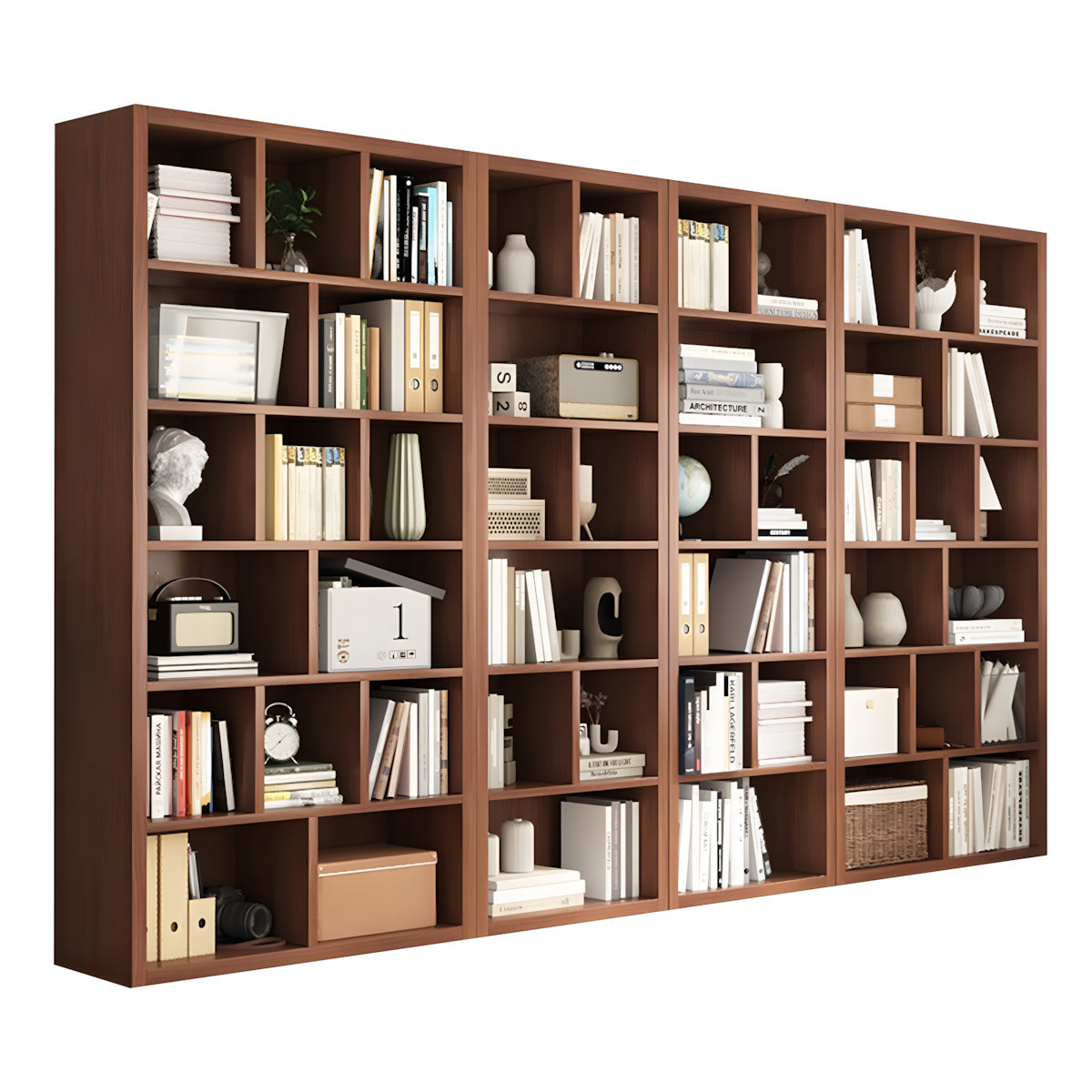 Bookshelf, Walnut Modular Bookcase 6-Tier 48-Cube, Walnut finish, L118" x W12" x H71", for office storage space, office storage furniture