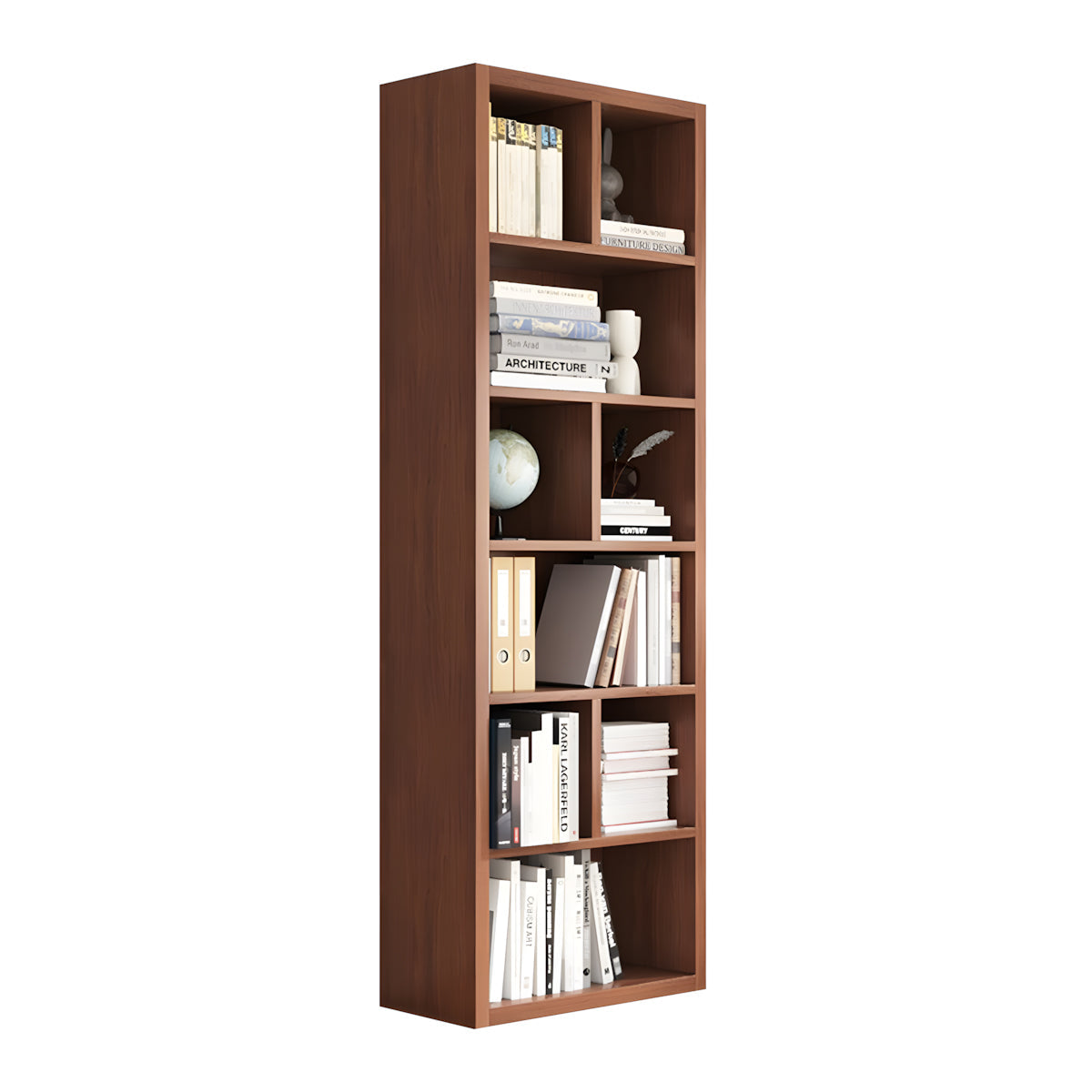 Bookshelf, Walnut Single Bookcase 6-Tier 9-Cube, Walnut finish, L24" x W12" x H71", for office storage space, office storage furniture