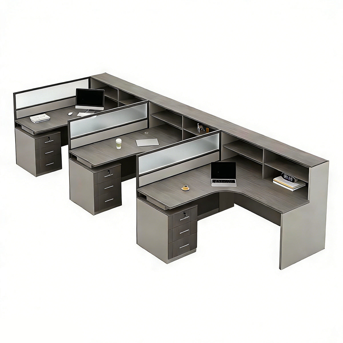 Minimalist Desk with Screen Dividers and High Cabinets