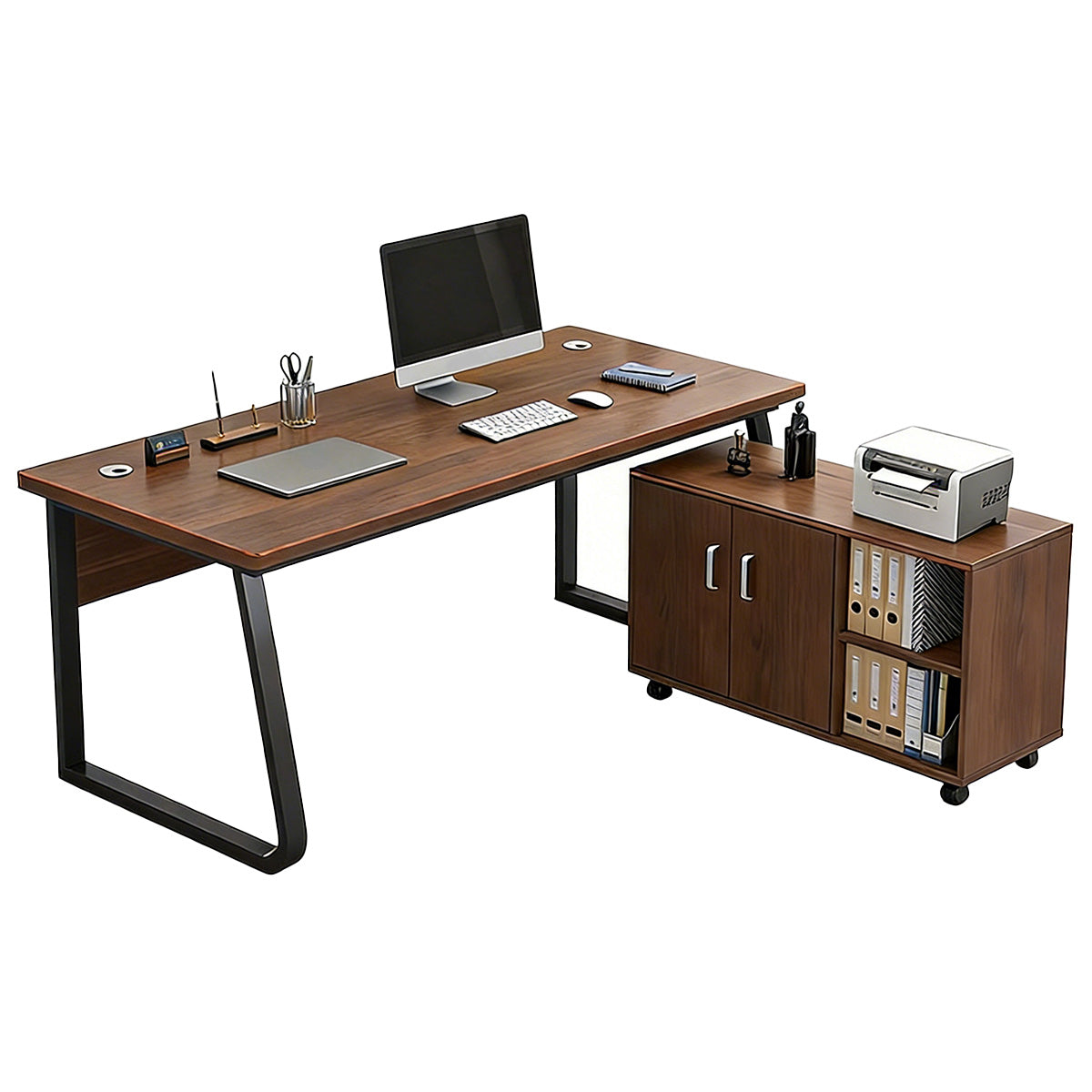 Sturdy Office Desk with Mobile Side Cabinet and Steel Legs for Workspace