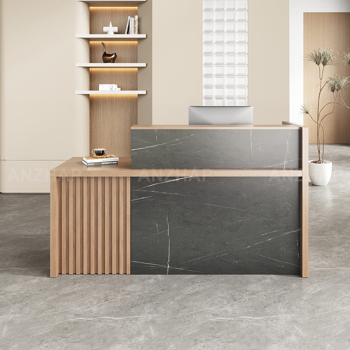 Stylish Reception Desk with Dual-Tier Surface and Secure Storage for Office, Salons and Retail Stores