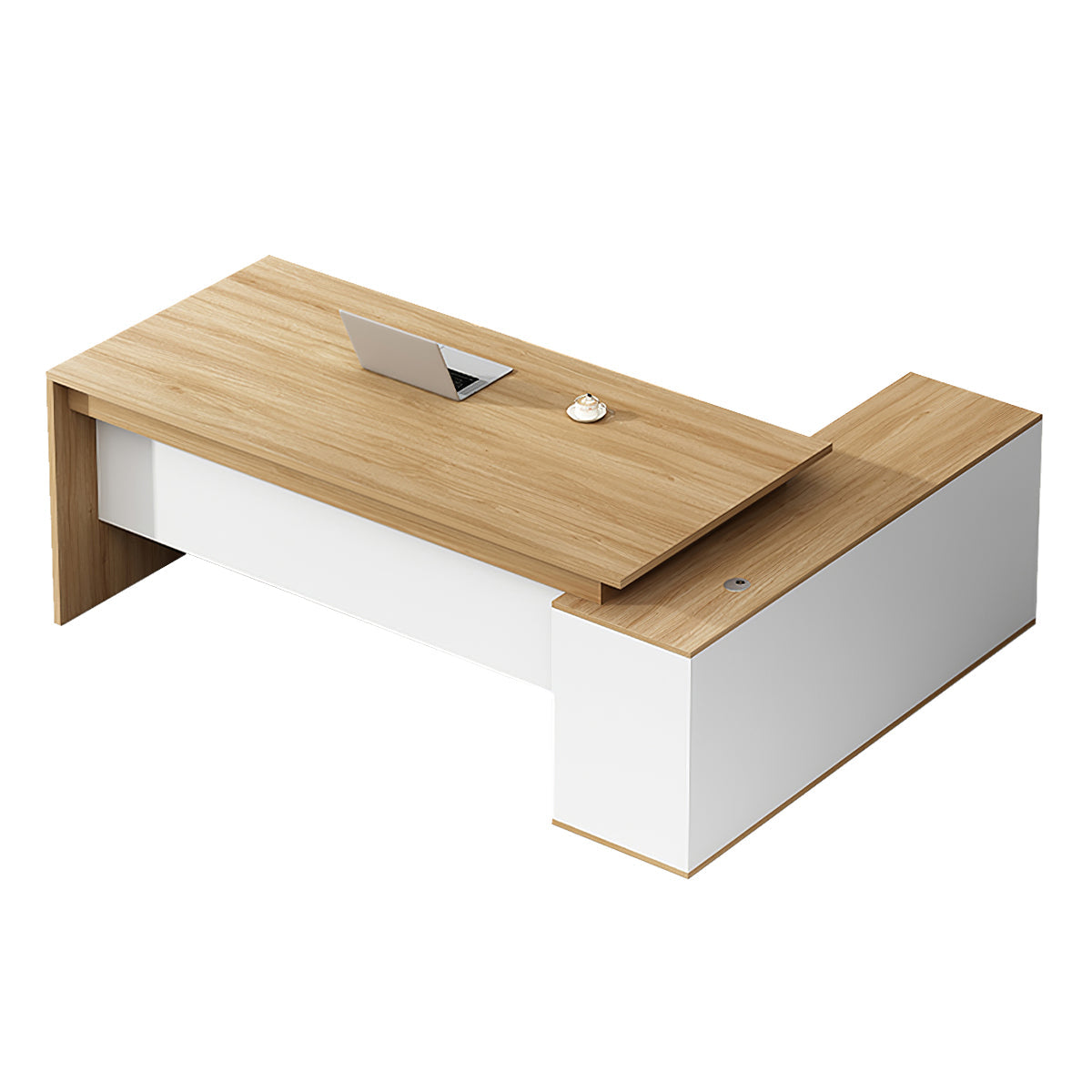 L-Shaped Executive Desk, left side cabinet configuration, Maple + White finish, L47" x W47" x H30", for office workspace, executive office furniture
