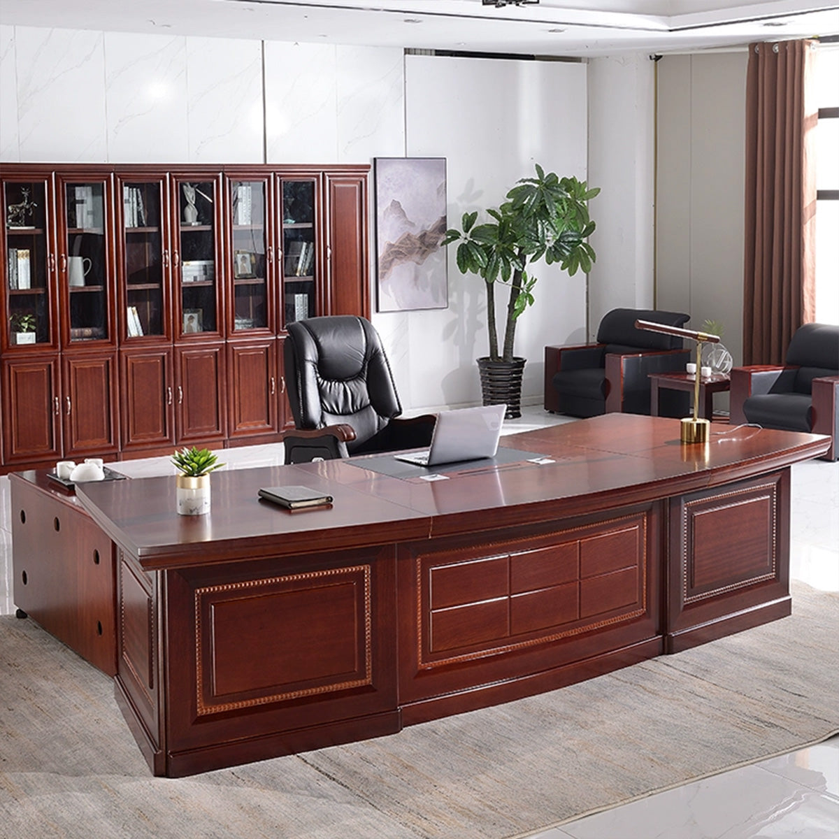 Executive Desk, main product view, Simple Modern Solid Wood Curved Executive Desk Office Writing Desk finish, for reception area or front office,...