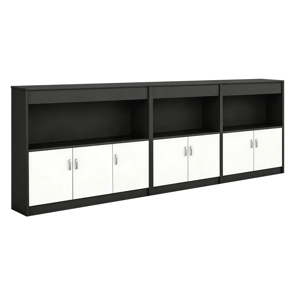 Scandinavian-Style Office Storage Cabinet with Open Cubbies and Wood-Tone Doors