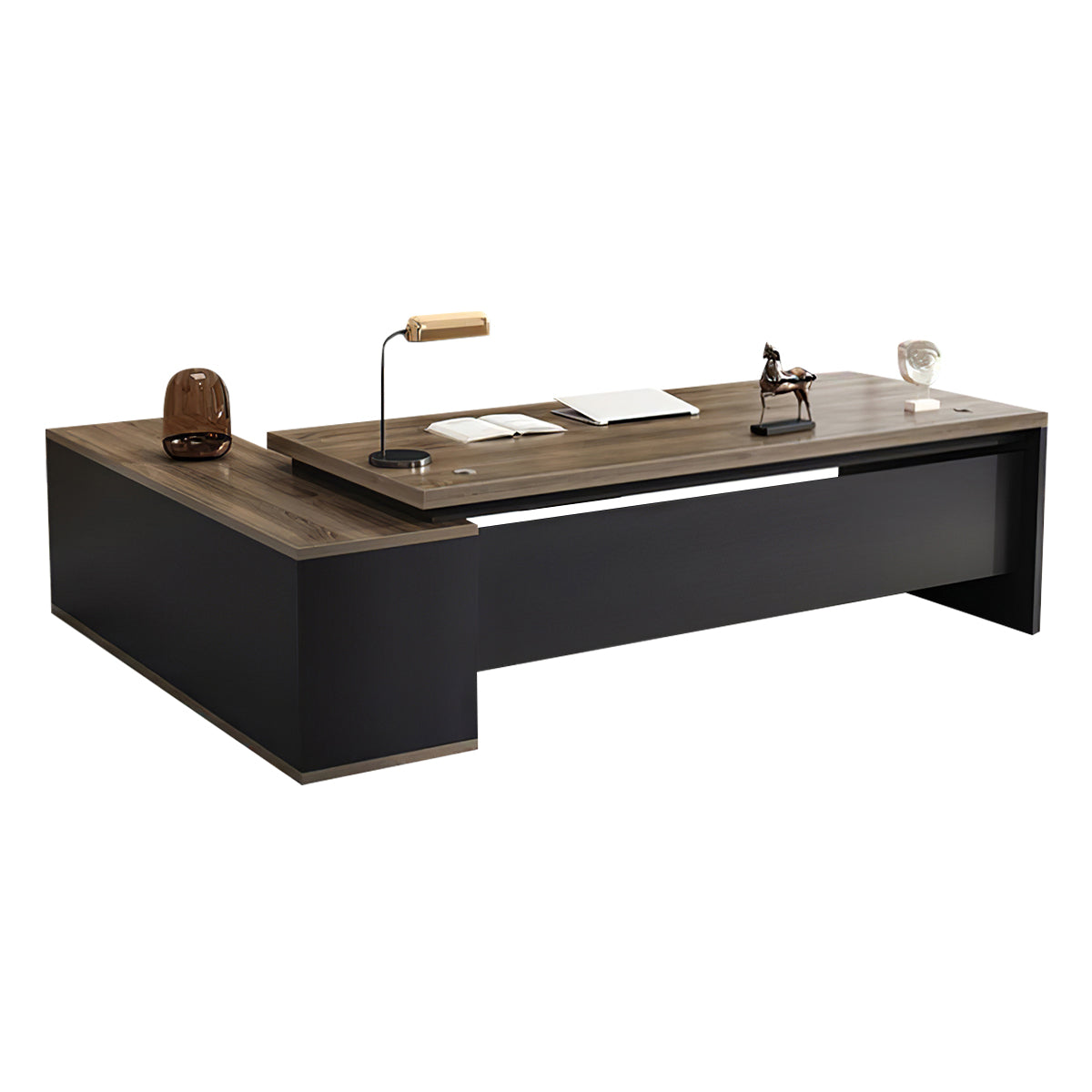 Modern L-Shaped Wood Grain Executive Desk with Storage Side Cabinet
