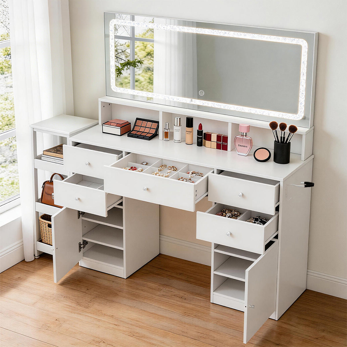 Modern LED Vanity Desk with Lighted Mirror & Storage Drawers（Stock Items）