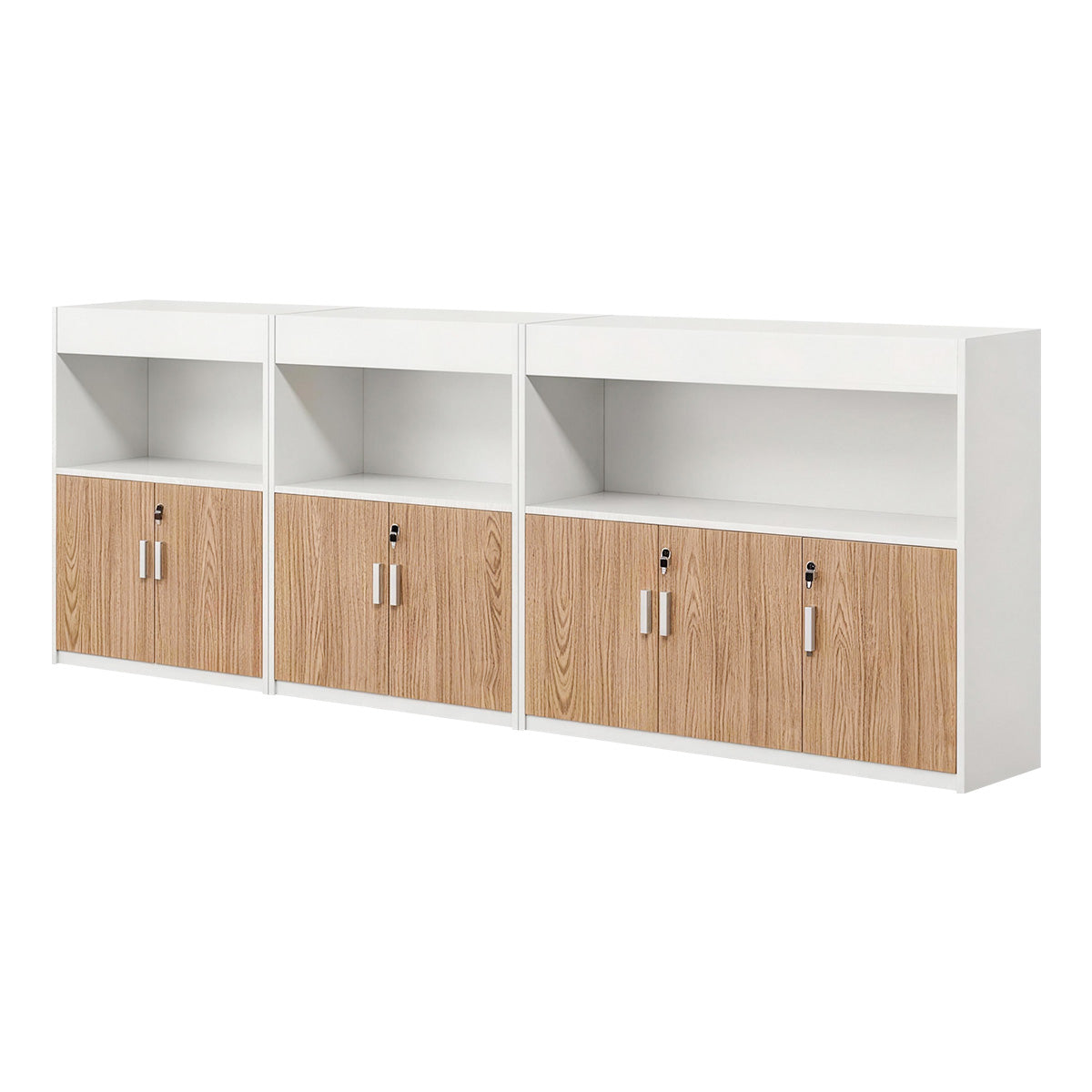 Scandinavian-Style Office Storage Cabinet with Open Cubbies and Wood-Tone Doors