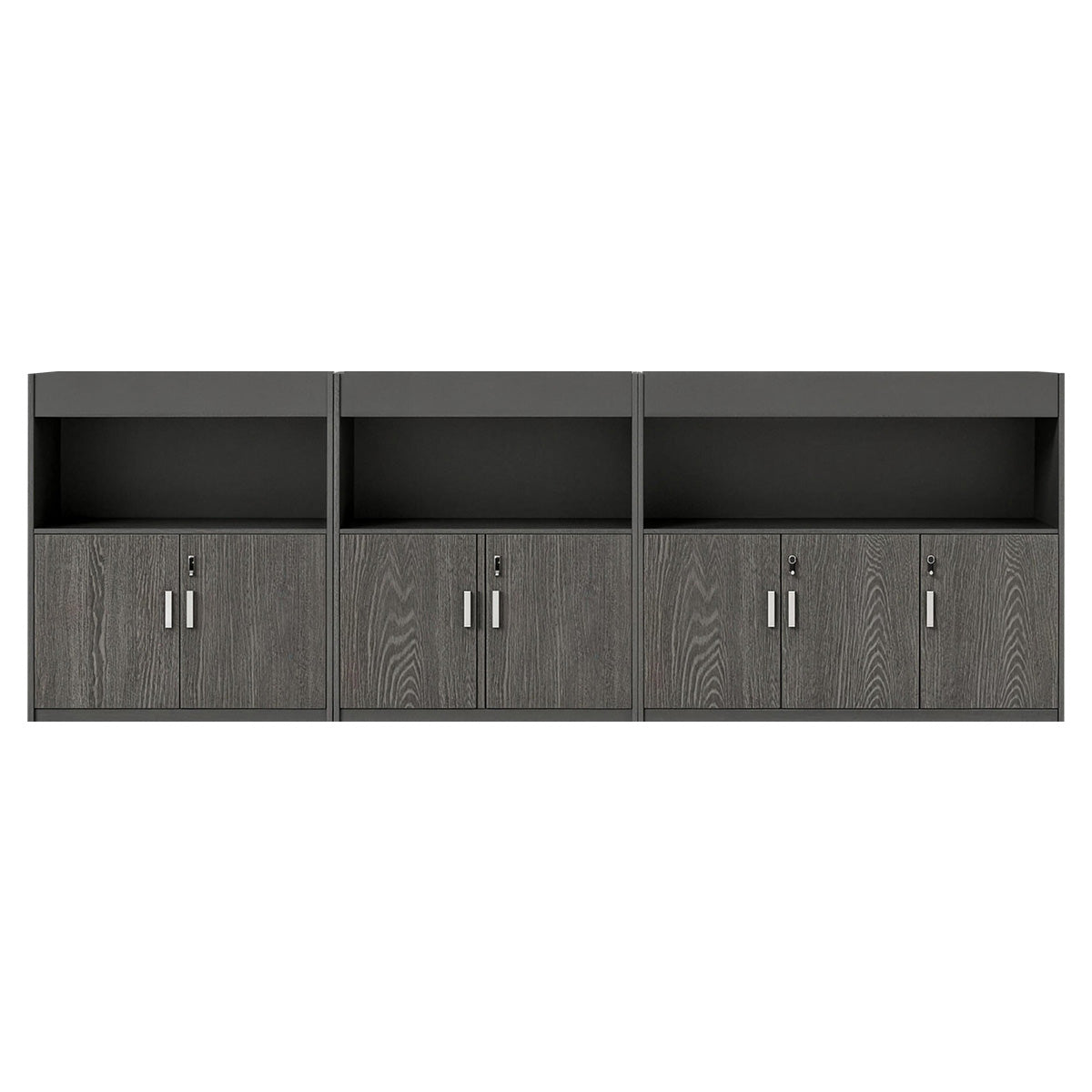 Scandinavian-Style Office Storage Cabinet with Open Cubbies and Wood-Tone Doors