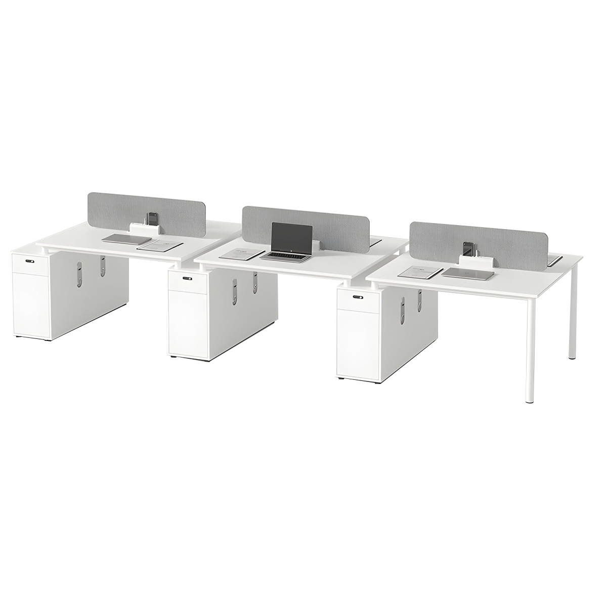 Modern White Office Desk with Gray Privacy Panel Lockable Storage